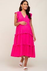 Fuchsia Sleeveless Ruffle Tiered Maternity Dress