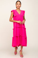 Fuchsia Sleeveless Ruffle Tiered Maternity Dress