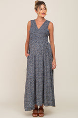 Navy Floral Smocked Sleeveless Back Tie Maternity Maxi Dress