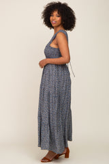 Navy Floral Smocked Sleeveless Back Tie Maxi Dress