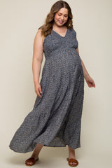 Navy Floral Smocked Sleeveless Back Tie Maternity Plus Maxi Dress