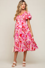 Fuchsia Print Smocked V-Neck Maternity Midi Dress