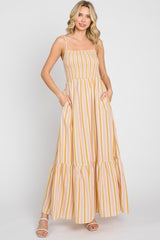 Taupe Striped Smocked Maxi Dress