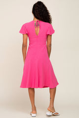 Fuchsia V-Neck Short Ruffle Sleeve Linen Dress