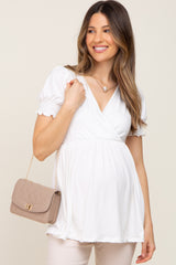 White Puff Sleeve Crossover Maternity/Nursing Top