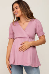 Mauve Puff Sleeve Crossover Maternity/Nursing Top