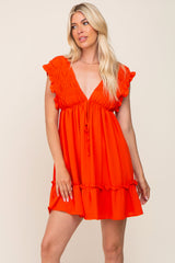 Red Orange Smocked Ruffle Accent Maternity Dress