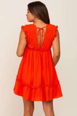 Red Orange Smocked Ruffle Accent Maternity Dress