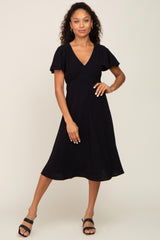 Black V-Neck Short Ruffle Sleeve Linen Maternity Dress