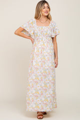 Light Blue Floral Smocked Maternity Maxi Dress