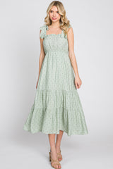 Sage Polka Dot Shirred Midi Dress