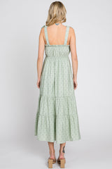 Sage Polka Dot Shirred Midi Dress