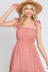 Mauve Polka Dot Shirred Midi Dress