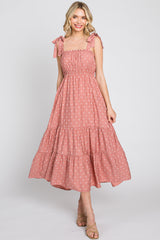 Mauve Polka Dot Shirred Midi Dress