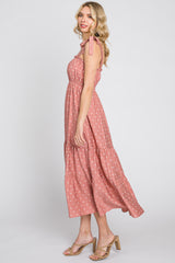 Mauve Polka Dot Shirred Midi Dress