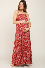 Rust Floral Tiered Maternity Maxi Dress