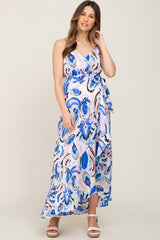 Blue Printed Flounce Maternity Wrap Dress