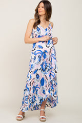 Blue Printed Flounce Maternity Wrap Dress