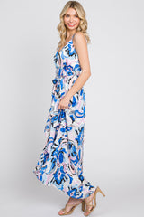 Blue Printed Flounce Wrap Dress