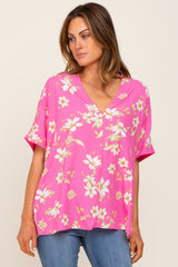 Fuchsia Floral Swiss Dot V-Neck Maternity Top