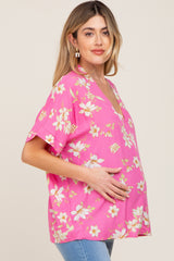 Fuchsia Floral Swiss Dot V-Neck Maternity Top