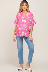 Fuchsia Floral Swiss Dot V-Neck Maternity Top