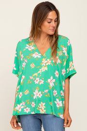 Green Floral Swiss Dot V-Neck Top