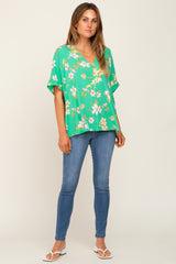 Green Floral Swiss Dot V-Neck Top