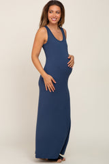 Blue Basic Sleeveless Maternity Maxi Dress