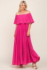 Fuchsia Pleated Layered Off Shoulder Maternity Maxi Dress