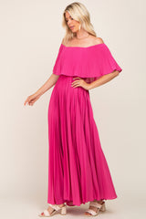 Fuchsia Pleated Layered Off Shoulder Maxi Dress