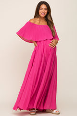 Fuchsia Pleated Layered Off Shoulder Maternity Maxi Dress