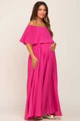 Fuchsia Pleated Layered Off Shoulder Maternity Maxi Dress