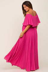 Fuchsia Pleated Layered Off Shoulder Maternity Maxi Dress