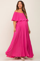 Fuchsia Pleated Layered Off Shoulder Maternity Maxi Dress