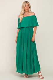 Green Pleated Layered Off Shoulder Maxi Dress