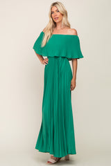 Green Pleated Layered Off Shoulder Maxi Dress