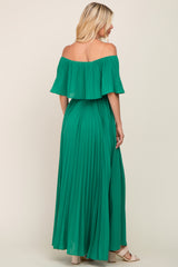 Green Pleated Layered Off Shoulder Maxi Dress