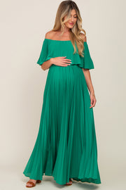 Green Pleated Layered Off Shoulder Maternity Maxi Dress