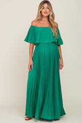 Green Pleated Layered Off Shoulder Maternity Maxi Dress