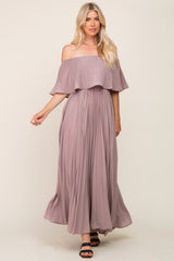 Taupe Pleated Layered Off Shoulder Maxi Dress