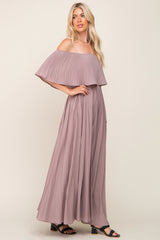 Taupe Pleated Layered Off Shoulder Maxi Dress