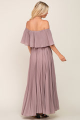 Taupe Pleated Layered Off Shoulder Maxi Dress