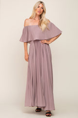 Taupe Pleated Layered Off Shoulder Maxi Dress