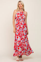 Red Printed Halter Smocked Waist Maternity Maxi Dress