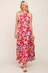 Red Printed Halter Smocked Waist Maxi Dress