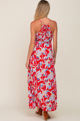 Red Printed Halter Smocked Waist Maternity Maxi Dress