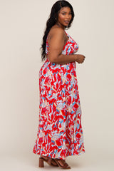 Red Printed Halter Smocked Waist Plus Maxi Dress