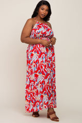 Red Printed Halter Smocked Waist Plus Maxi Dress