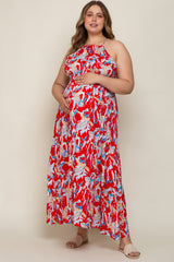 Red Printed Halter Smocked Waist Maternity Plus Maxi Dress